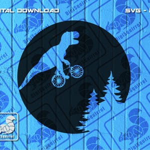 May include: A black and white silhouette of a dinosaur riding a bicycle with trees in the background. The image is on a blue background with the text "Digital Download" and "SVG - PNG" in white.