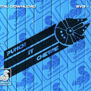 May include: A blue and black graphic design with the text "Punch It Chewie" and a silhouette of the Millennium Falcon. The design is on a blue background with a repeating pattern of squirrels.