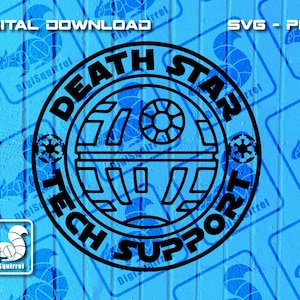 May include: A black and white graphic design of the Death Star from Star Wars with the text "Death Star Tech Support" around the image.