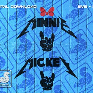 May include: Black and white graphic design featuring the text "MINNIE" and "MICKEY" in a metal band style font. The design includes a red bow and two black rock and roll hand gestures.