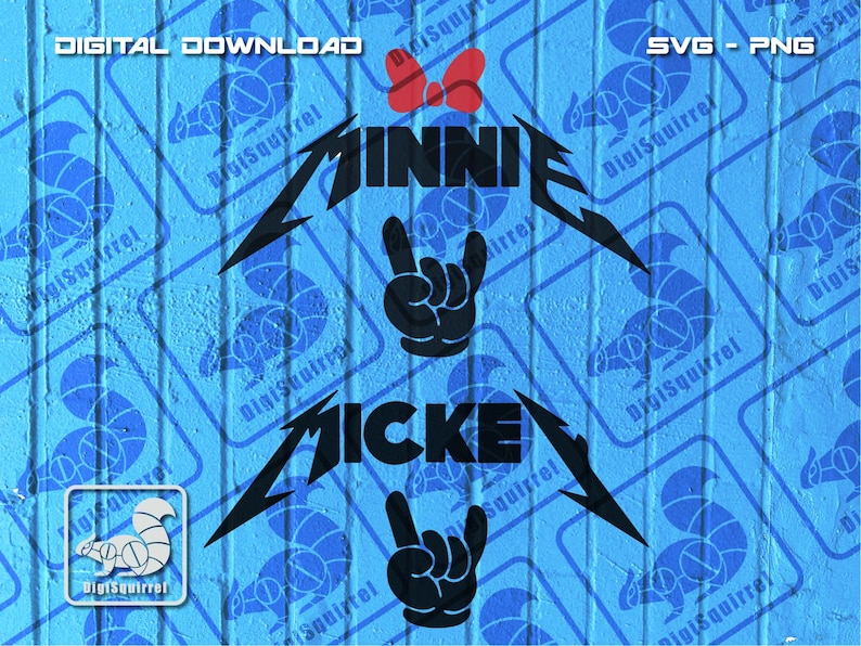 May include: Black and white graphic design featuring the text "MINNIE" and "MICKEY" in a metal band style font. The design includes a red bow and two black rock and roll hand gestures.