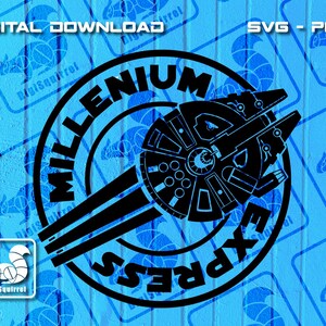 Peut inclure: Conception graphique en noir et blanc du vaisseau spatial Millennium Falcon avec le texte "Millenium Express" en cercle autour de lui. L'arrière-plan est un motif de bois bleu.