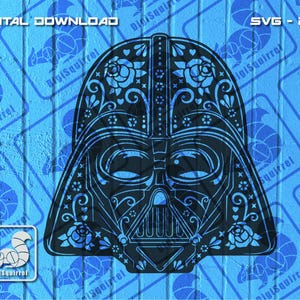 May include: A black and blue digital download graphic of Darth Vader's helmet, decorated with floral patterns. The image is set against a light blue background with the text "DIGITAL DOWNLOAD" and "SVG - PNG". The DigiSquirrel logo is in the lower left corner.