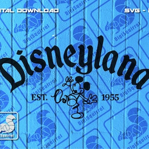 May include: A blue and white digital download graphic featuring the text "Disneyland" in black with a stylised Mickey Mouse character and the text "EST. 1955".