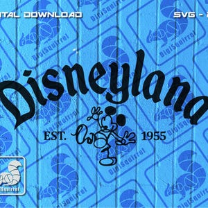 May include: A blue and white digital download graphic featuring the text "Disneyland" in black with a stylised Mickey Mouse character and the text "EST. 1955".