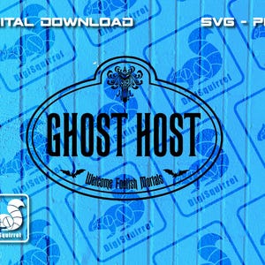 May include: A black and white digital download of a sign that says "Ghost Host" with a spooky design. The sign is on a blue background with a pattern of squirrels.