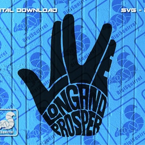 Peut inclure: Silhouette noire et blanche d'une main avec les mots "Live Long and Prosper" épellés dans les doigts. L'arrière-plan est un motif bleu et blanc.