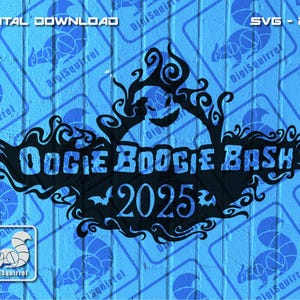 以下が含まれることがあります： 青い背景に「Oogie Boogie Bash 2025」というテキストが書かれた、黒と白のシルエットの不気味な木です。