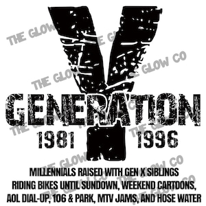 Könnte beinhalten: Schwarzweißes Grafikdesign mit dem Text "GENERATION 1981 - 1996" und den Worten "Millennials raised with Gen X siblings riding bikes until sundown, weekend cartoons, AOL dial-up, 106 & Park, MTV jams, and hose water".