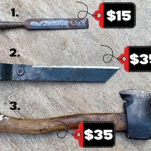 May include: Three metal tools are displayed against a textured background. The tools include a chisel, a blade, and a small axe. Each tool has a price tag attached. The chisel is $15, and the blade and axe are $35 each.