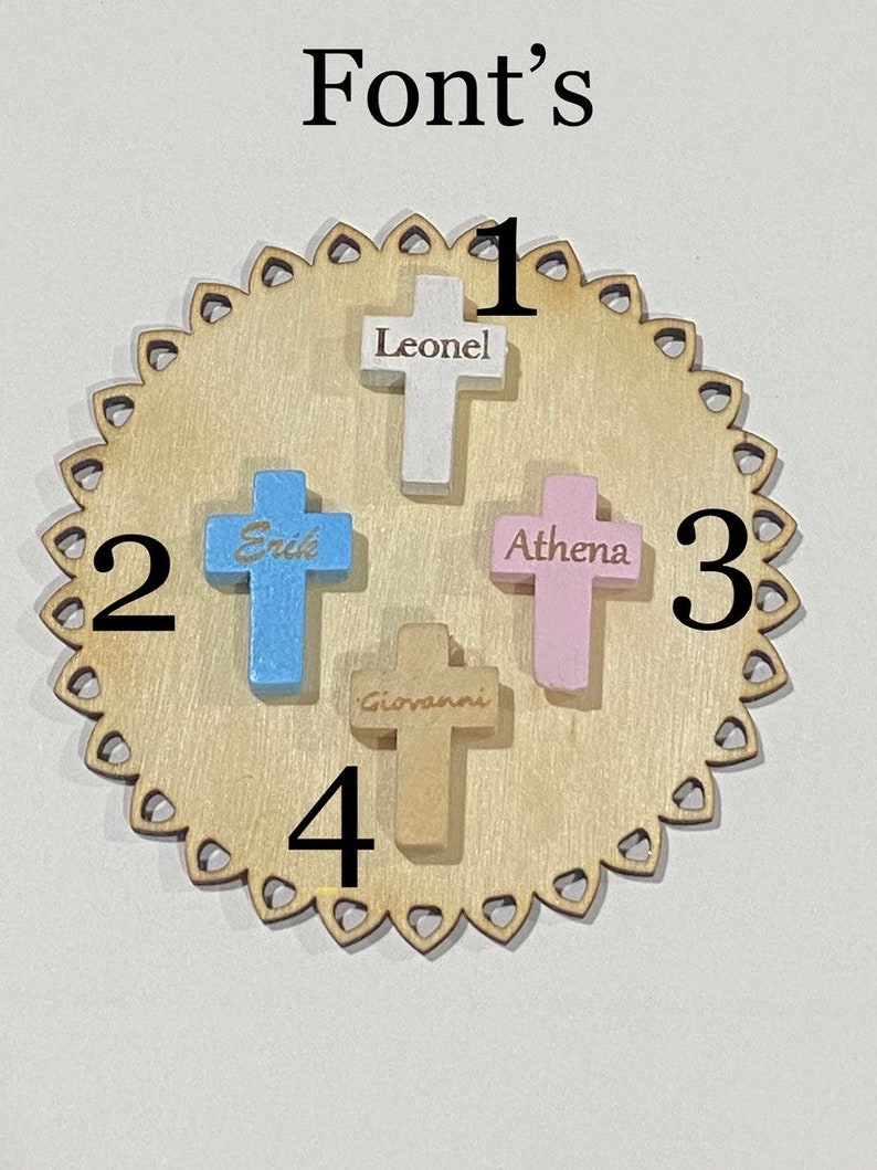 May include: A wooden circle with a scalloped edge and four wooden crosses with names on them. The names are Leonel, Erik, Athena, and Giovanni. The crosses are numbered 1 through 4.