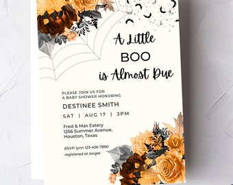 Editable Halloween Baby Shower Invitation. A Little Boo is Almost, Floral, Rustic, Printable or Text Invite