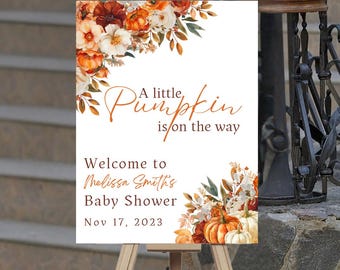 Panneau de bienvenue rustique pour baby shower, citrouille, fleurs d'automne (modèle modifiable)