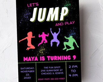 Invitación editable para fiesta de saltos, invitación de cumpleaños para niña con temática de saltos, invitación para fiesta en parque de trampolines, invitación de texto, descarga digital.
