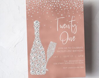 Editable 21st Birthday Invitation, Rose Gold and Silver, Diamond, Champagne, Glam, Printable or Digital Invitation