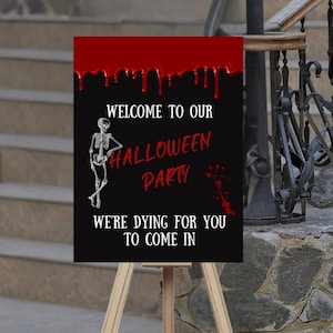 Letrero de bienvenida de esqueleto editable para fiesta de Halloween, descarga instantánea, letrero de entrada espeluznante imprimible, decoración para fiesta en casa embrujada