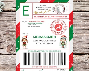 Editable North Pole Express Santa Shipping Label, Printable Elf Christmas Delivery Tag
