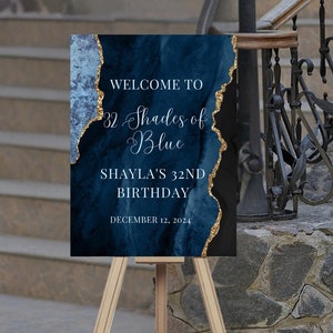 Editable Shades of Blue Birthday Welcome Sign, Blue and Gold Birthday Entrance Sign, Printable Instant Download