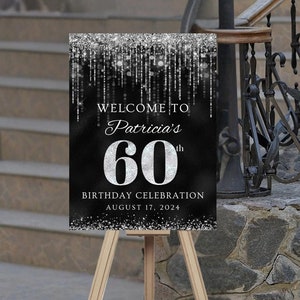 Editable Birthday Welcome Sign, Black and Silver, Any Age, Printable Download