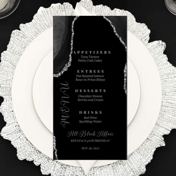 All Black Affair Menu Card Template, Birthday Dinner Menu Card, Menu Cards, Editable