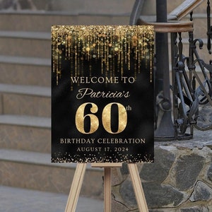 Letrero de bienvenida de cumpleaños editable, negro y dorado, para cualquier edad, para imprimir y descargar