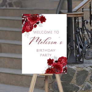 Editable Red and Silver Birthday Welcome Sign, Floral Birthday Party Welcome Poster, Printable Instant Download