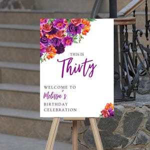 Purple and Orange Floral Birthday Welcome Sign, Editable Birthday Celebration Sign, Milestone Birthday Party Decor, Printable