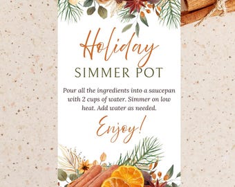 Holiday Simmer Pot Tag, Editable Fall Potpourri Gift Tag Printable