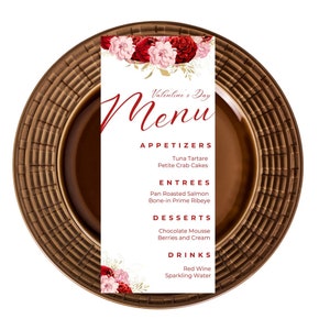 Plantilla de menú editable para San Valentín, rojo y rosa, floral, menú de cena de San Valentín, menú de brunch, imprimible