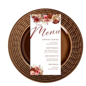 Modèle de carte de menu modifiable fleurs d'automne, cartes de menu fleurs d'automne, rustique, floral, carte de menu pour le dîner d'anniversaire, menu de table, imprimable