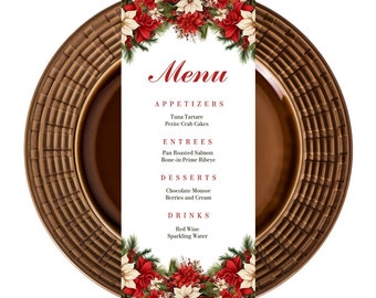 May include: A brown plate with a woven design and a white card with a red and green floral border. The card has the word "Menu" in red cursive and lists appetizers, entrees, desserts, and drinks.