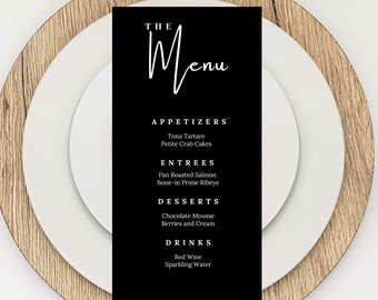 Editable Black Menu Card Template, Minimalist Menu Cards, Modern, Birthday Dinner Menu Card, Table Menu, Bar Menu, Printable