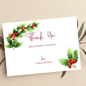 Tarjeta de agradecimiento de Navidad editable, nota de agradecimiento, acebo de Navidad, tarjeta de agradecimiento de cualquier ocasión, imprimible