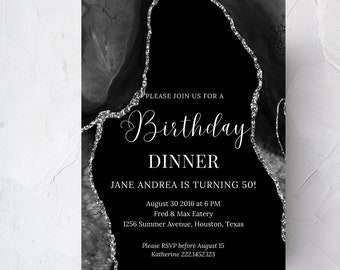 Editable Birthday Dinner Invitation, Black and Silver Agate, Printable