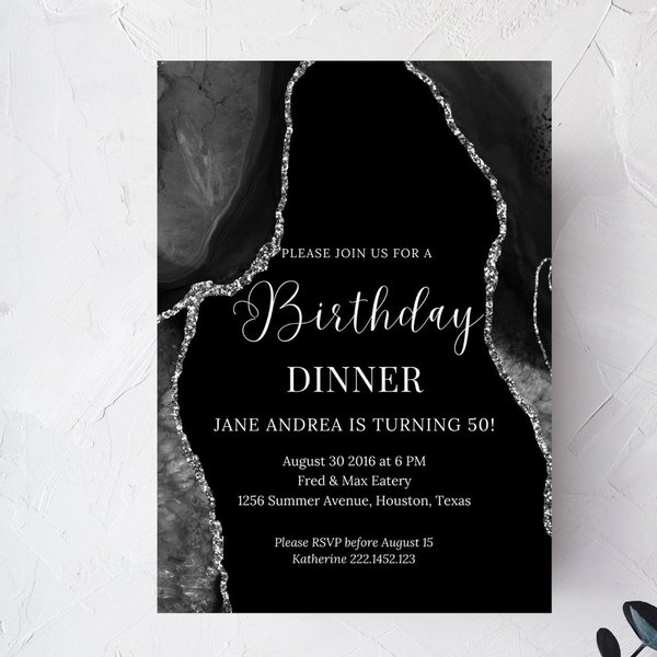 Editable Birthday Dinner Invitation, Black and Silver Agate, Printable