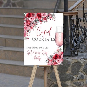 Bearbeitbares Galentine's Day Party Willkommensschild, Amor und Cocktails, Valentinstag Printable Instant Download