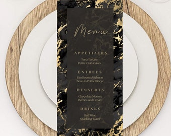 Editable Black and Gold Menu Card Template, Marble Design, Luxury, Menu Cards, Birthday Dinner Menu Card, Table Menu, Bar Menu, Printable