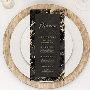 Plantilla de menú editable en negro y dorado, diseño de mármol, lujo, tarjetas de menú, menú de cena de cumpleaños, menú de mesa, menú de bar, imprimible