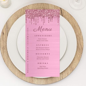 Editable Pink Menu Card Template, Pink Glitter Drip Menu Cards, Birthday Dinner Menu, Wedding Menu, Baby Shower Menu, Brunch Menu, Printable