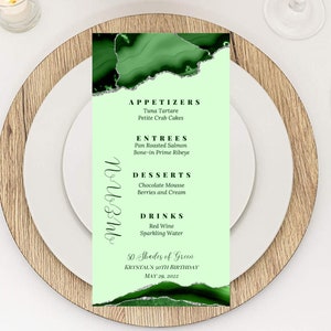 Editable Shades of Green Menu Card Template, Green and Silver, Green Menu Cards, Table Menu, Birthday Dinner Menu Card, Bar Menu