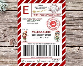 Printable North Pole Mail, Santa Shipping Label Editable Elf Postage, Delivery Label Instant Download