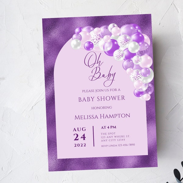 Editable Purple and White Baby Shower Invitation, Oh Baby Balloon Arch Invite, Printable or Text Invite