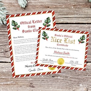 Paquete de certificado editable con carta de Papá Noel y lista de buenos amigos, caja de Nochebuena para imprimir y descargar al instante