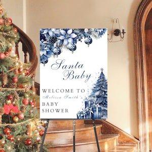 Editable Santa Baby Welcome Sign Baby Shower Blue Christmas Entrance Sign Printable