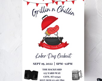 Editable Labor Day Cookout Invitation, Grillin and Chillin Cookout BBQ Invite, Digital Download, Printable, Text Invite