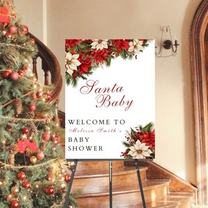 Editable Santa Baby Welcome Sign Baby Shower Floral Christmas Entrance Sign Printable
