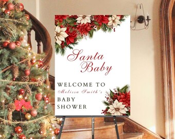 Editable Santa Baby Welcome Sign Baby Shower Floral Christmas Entrance Sign Printable