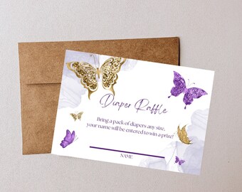 Bewerkbare luierloterijkaart, Er komt een kleine vlinder aan, Babyshower, Paars en Goud, Printbaar