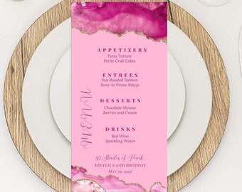 Editable Shades of Pink Menu Card Template, Pink Menu Cards, Table Menu, Birthday Dinner Menu Card, Bar Menu