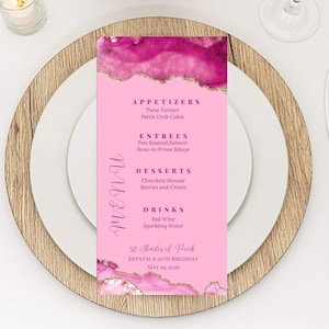 Bewerkbare roze tinten menukaartsjabloon, roze menukaarten, tafelmenu, menukaart verjaardagsdiner, barmenu